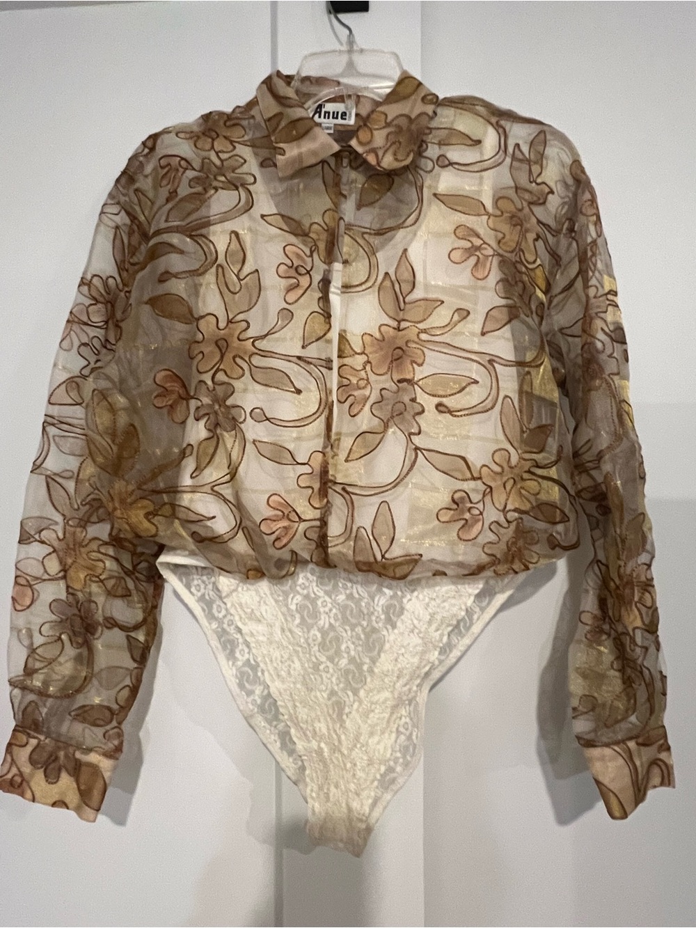 A'nue Ligne Sheer Floral Chiffon Button-up Blouse l L